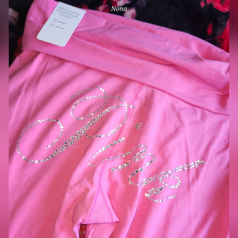 VS PINK Carmine Rose Bling Foldover Flare Leggings Size Medium NWT - Picture 3 of 10